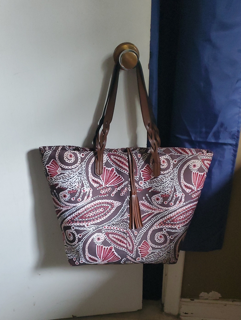 Brown Paisley-Print Tote Bag with Tassel